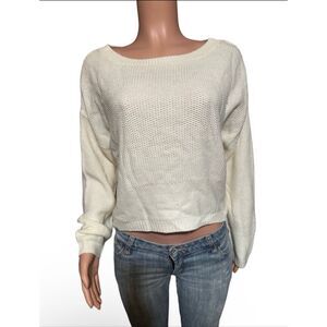 Cropped off-white, ribbed knit sweater boat neck L